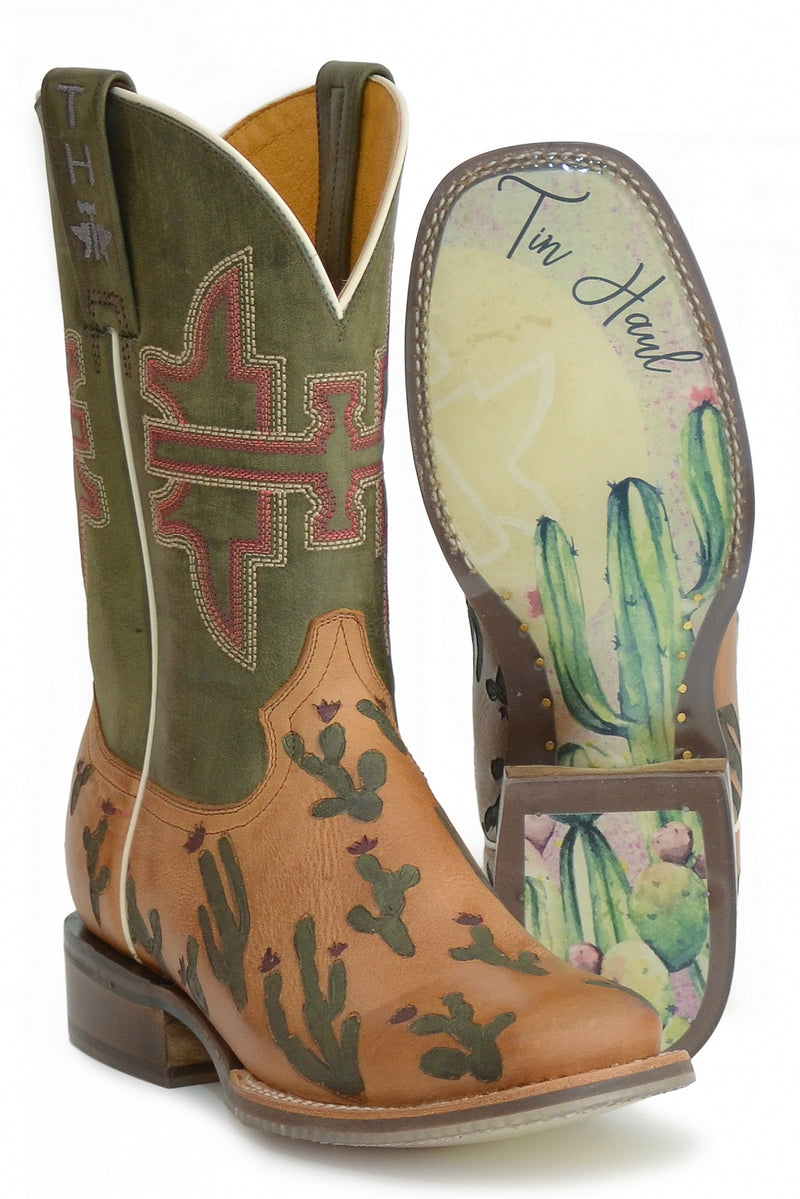 Tin Haul Ladies Square Toe Boots - Cactaplicity with Desert Moon Sole
