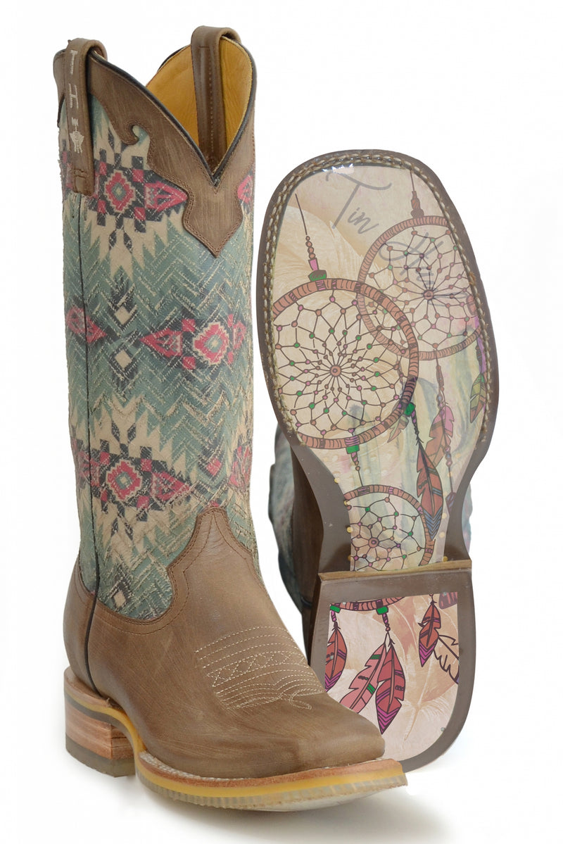 Tin Haul Ladies Square Toe Boots - Southwest Dreamer with Dream Catcher Sole