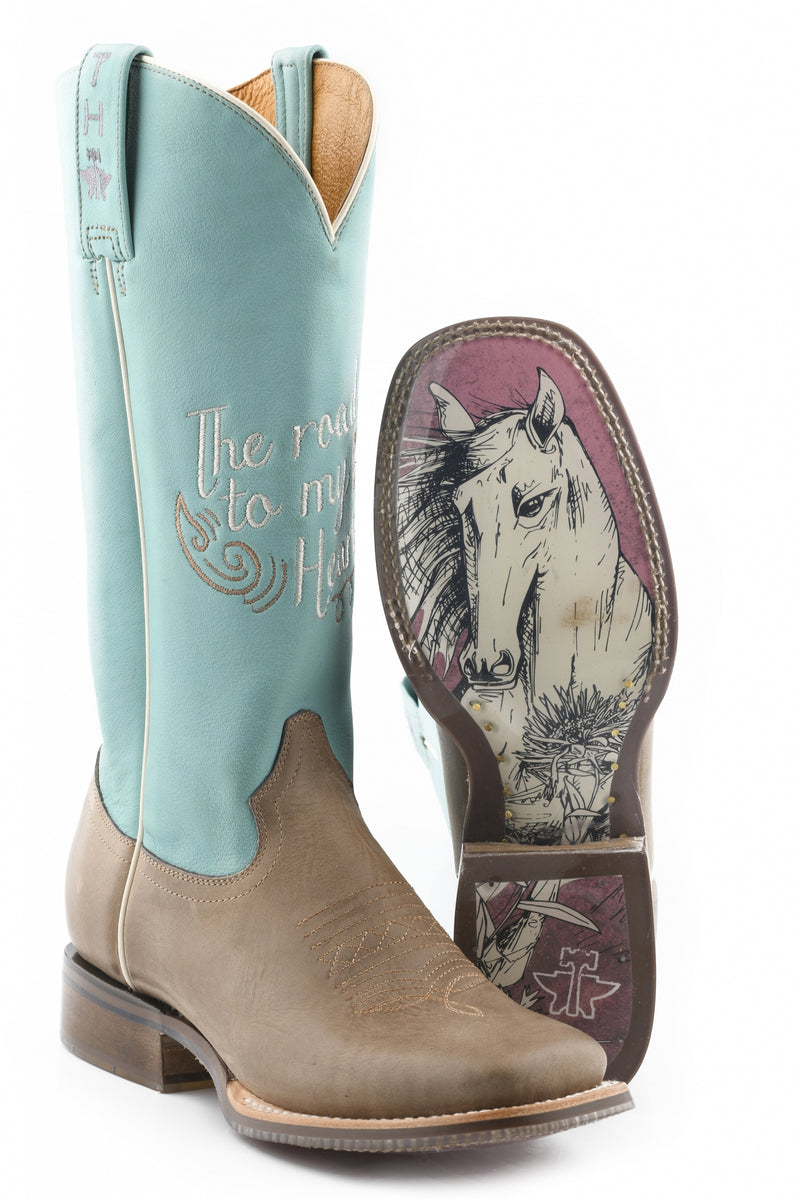Tin Haul Ladies Square Toe Boots - A Cowgirls Motto with Born To Be Free Sole