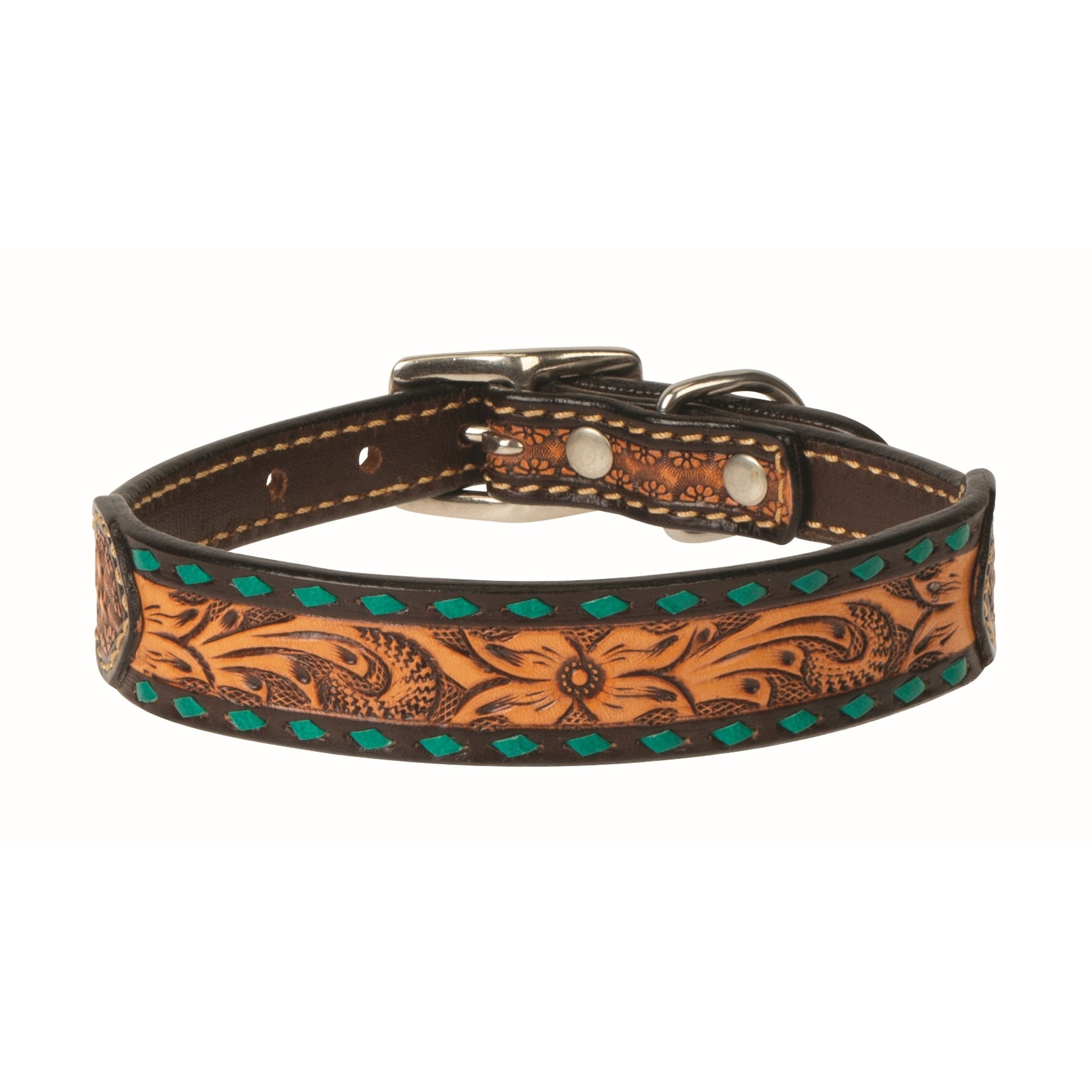 Weaver Turquoise Cross Floral Buckstitch Dog Collar