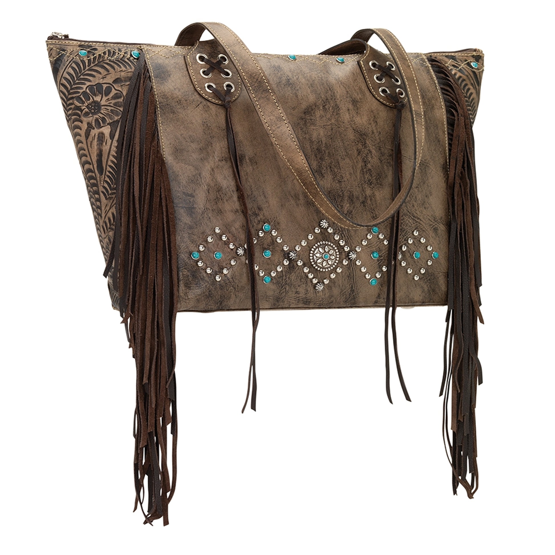 AMERICAN WEST Canyon Creek Zip-Top Fringe Tote - Tan