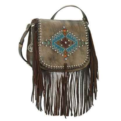AMERICAN WEST Pueblo Moon Fringe Crossbody Flap Bag - Charcoal Brown