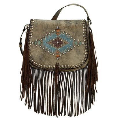 AMERICAN WEST Pueblo Moon Fringe Crossbody Flap Bag - Charcoal Brown