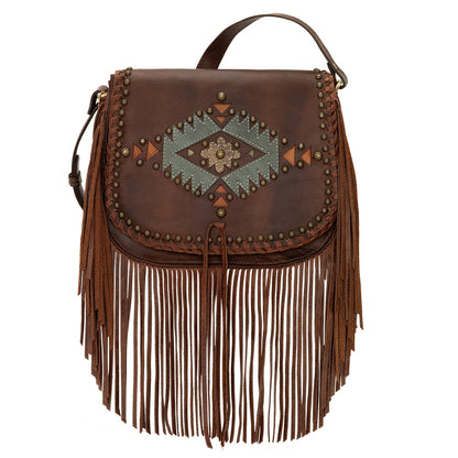 AMERICAN WEST Pueblo Moon Fringe Crossbody Flap Bag - Charcoal Brown