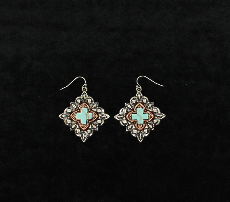 Western Diamond Cross Dangle EarringsBk/Wh