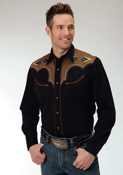 Roper Old West Mens Two Tone Aztec Embroidery Long Sleeve Snap Shirt