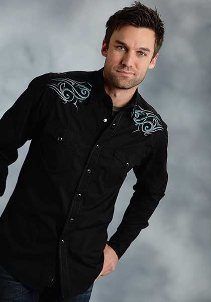 Roper Perform Fall I Mens Poplin Contrast Stitch Long Sleeve Snap Shirt - Black