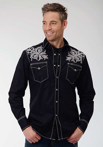 Roper Performance Mens Poplin Embroidery Long Sleeve Pearl Snap Shirt - Black