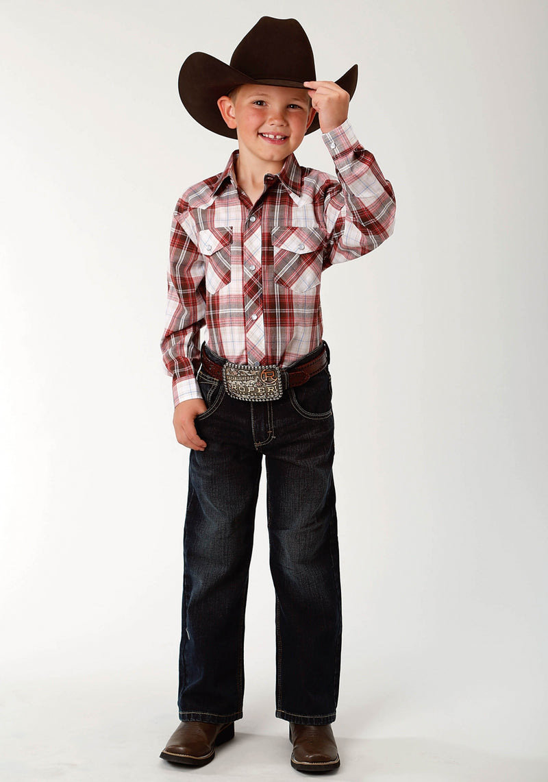 Roper Boys Plaid Snap Shirt XS Brown/Red Plaid