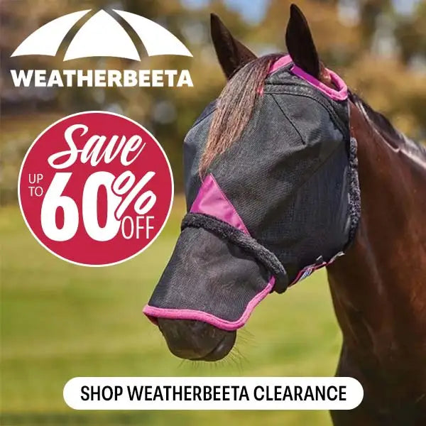 Horse wearing a fly mask with Weatherbeeta branding and clearance offer text.