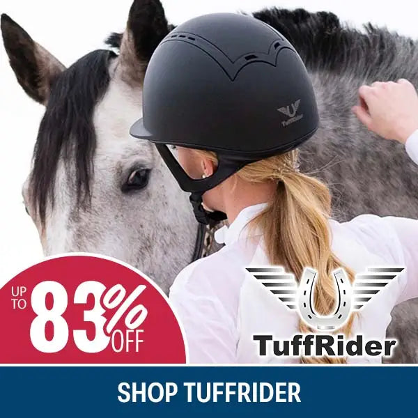 Person wearing a black TuffRider helmet with a horse in the background, promotional text overlay.