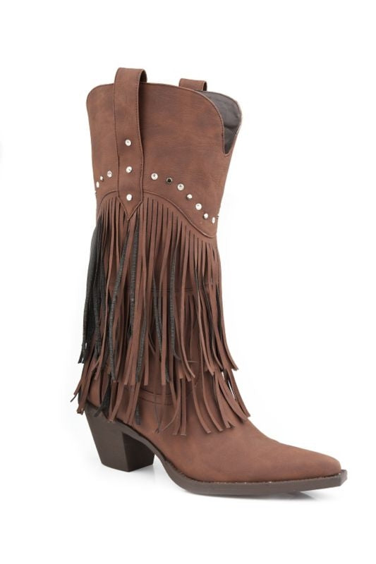 Roper Ladies Snip Toe 12in Fringe Brown Boots