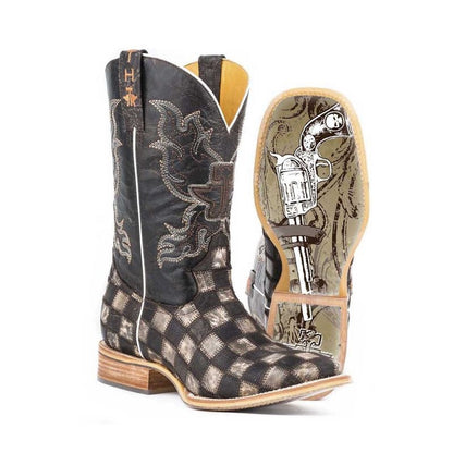 Tin Haul Mens Gunmetal Check Square Toe Boots