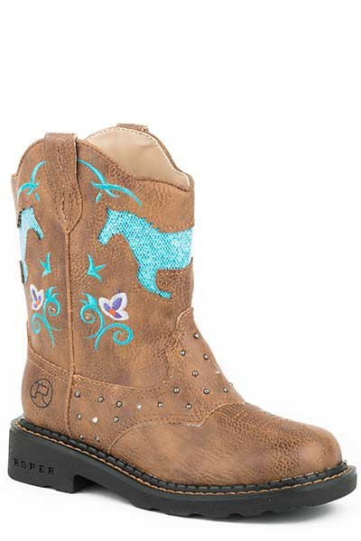 Roper Kids Horse Flowers Round Toe Brown Boots
