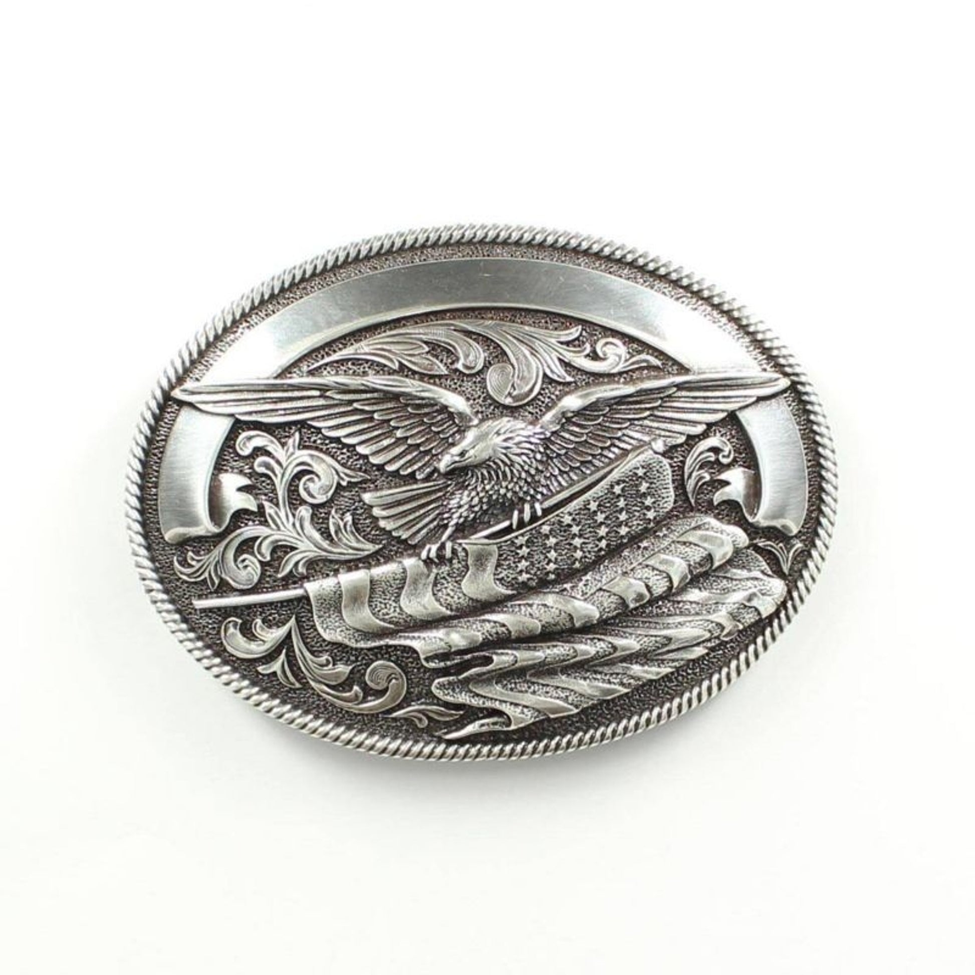 Nocona Oval Eagle Flag Buckle Silver Plated