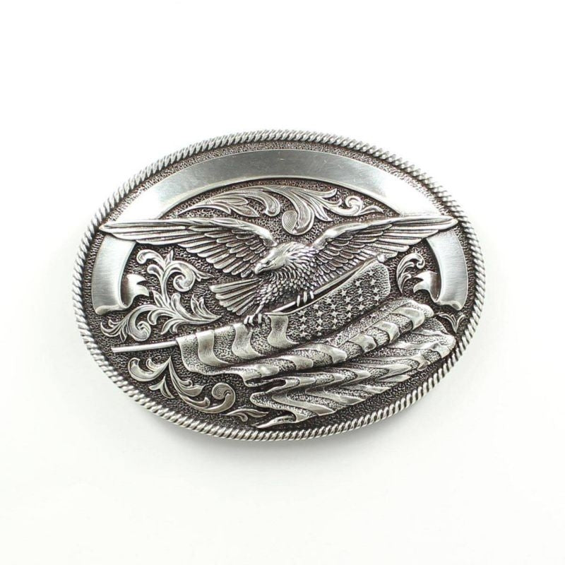 Nocona Oval Eagle Flag Buckle Silver Plated