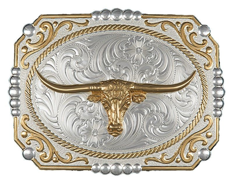 2Tone Cowboy Cameo Buckle/Longhorn 4.375X3.25 Sil