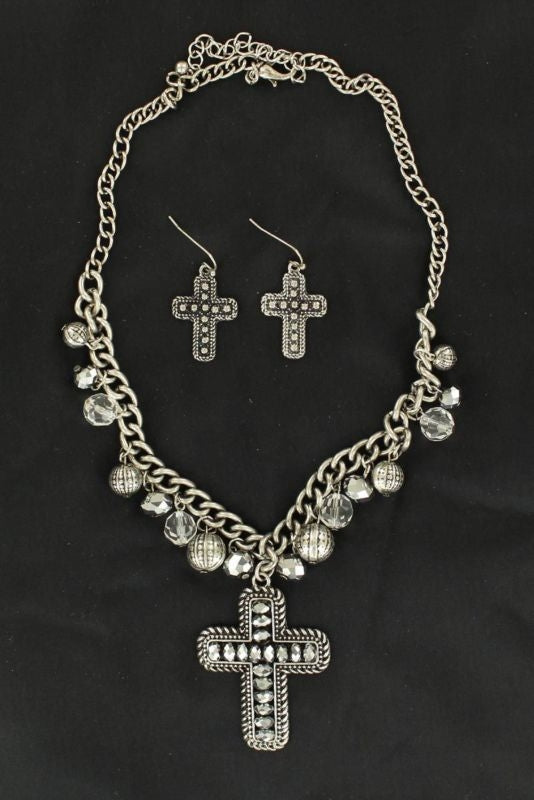 Blazin Roxx Crystal Cross And Beads Necklace Set