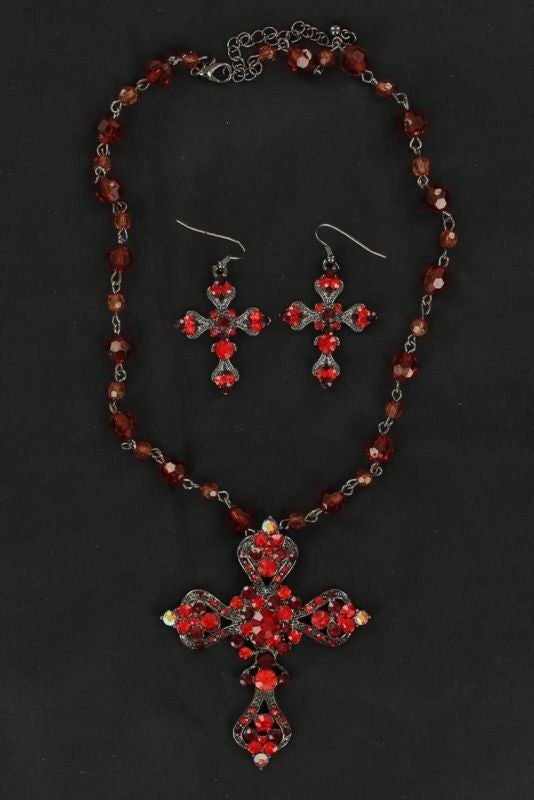 BlazinRoxx Crystal Cross Necklace/Earrings SetRed
