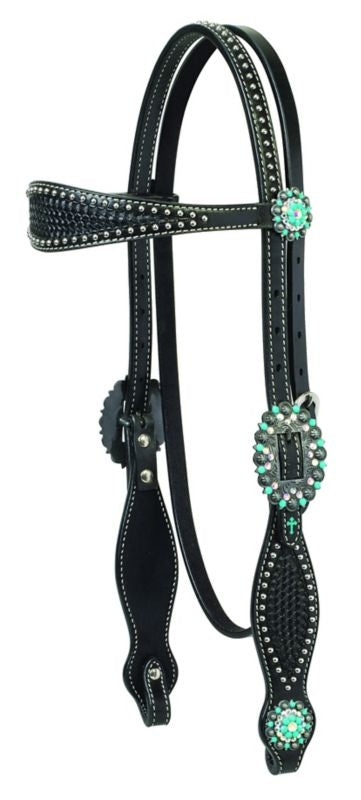 Turq Basketweave Browband Headstall Horse Black
