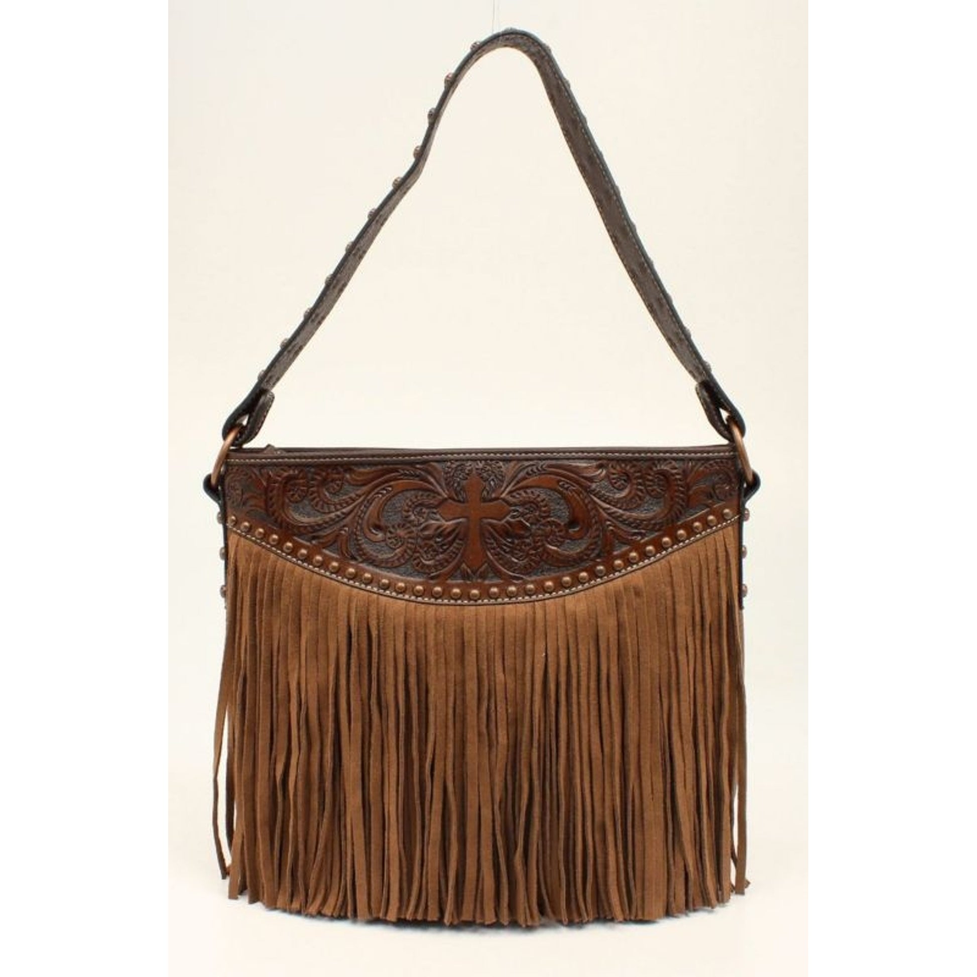 Nocona Amelia Cross Tooled Fringed ToteBk/Wh