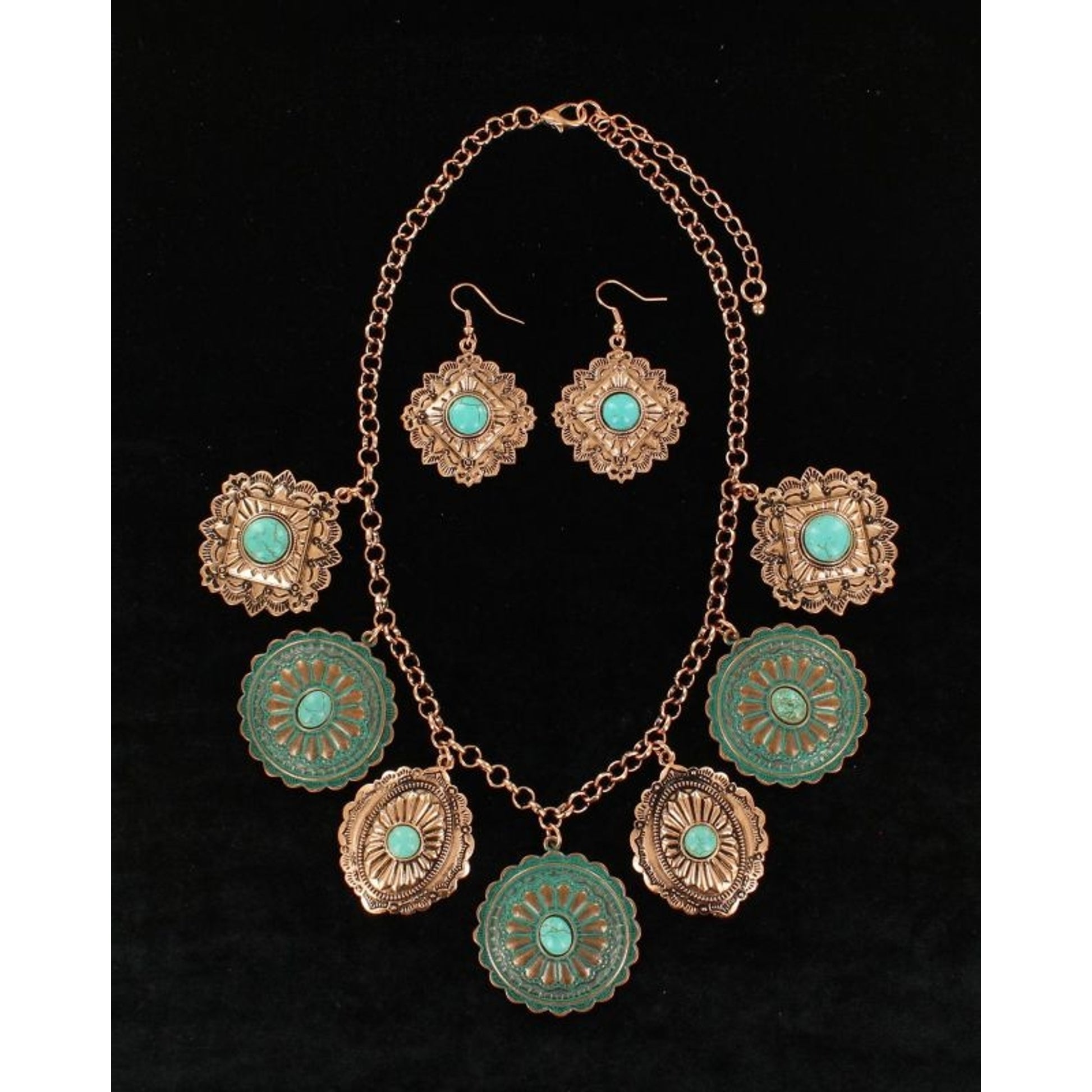 Western Concho Disc Necklace/Earrings Turq/Copper