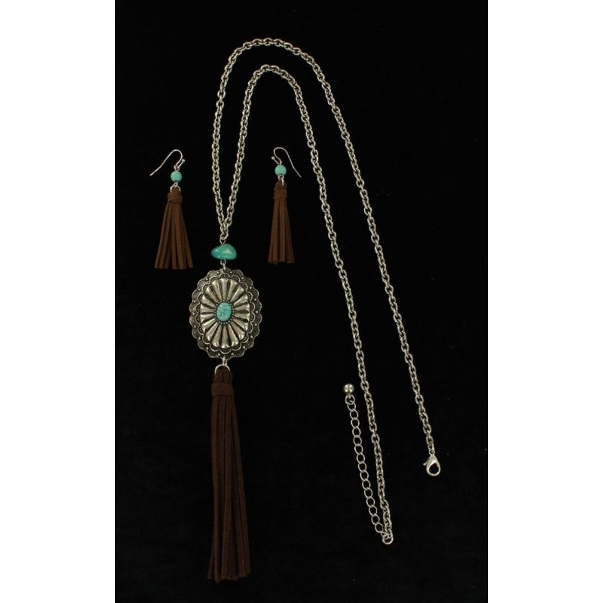 Oval Disc Stone Fringed Earring/Necklace SetBk/Wh