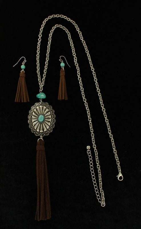Oval Disc Stone Fringed Earring/Necklace SetBk/Wh