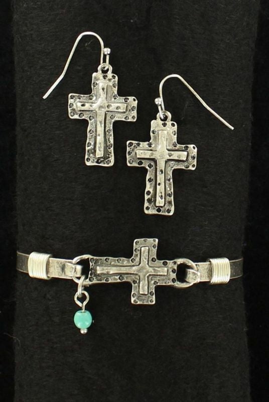 BlazinRoxx Hammered Cross Bracelet/Earring SetSil