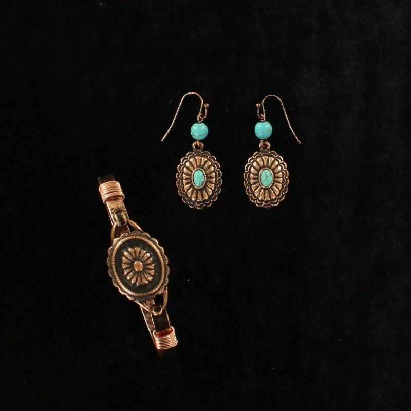 Floral Concho/Stone Bracelet/Earring SetCop/Turq