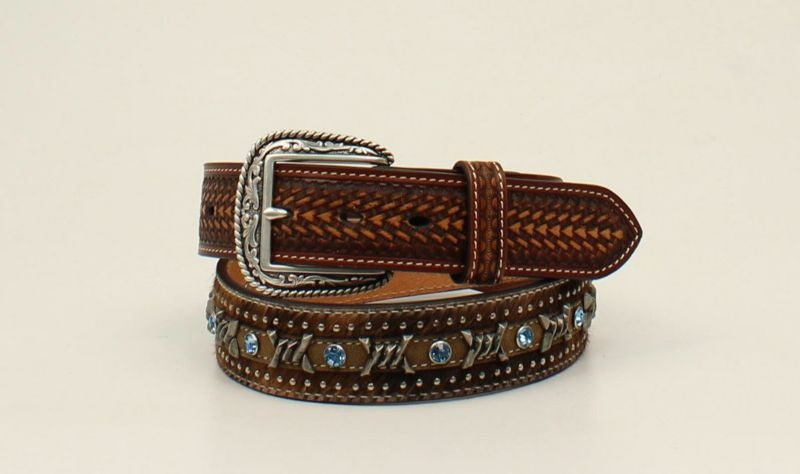 Calf Hair Barbwire Rhinestone Western Belt 32 Brn
