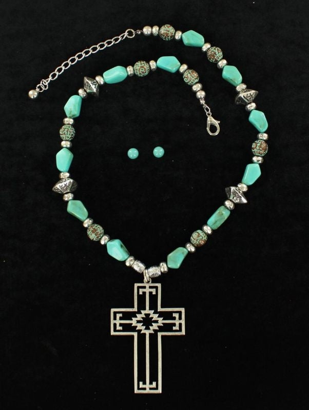 Chunk Stone Aztec Cross Necklace/Earrings SetTurq