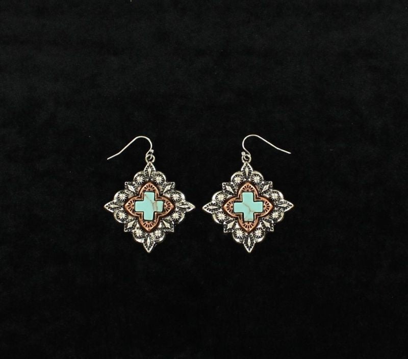 Western Diamond Cross Dangle EarringsBk/Wh