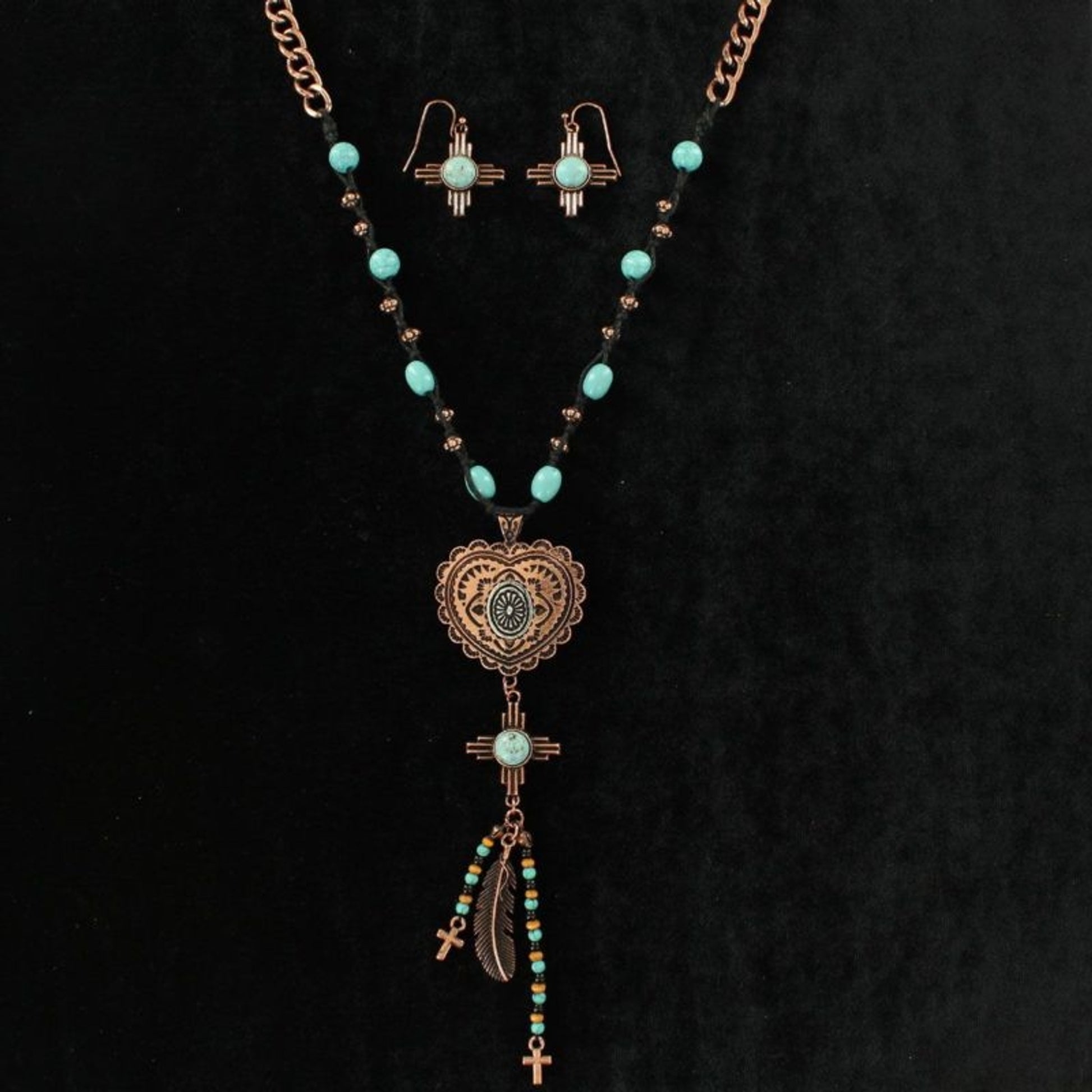 Copper Heart Cross Feather Neck/Ear SetCop/Turq