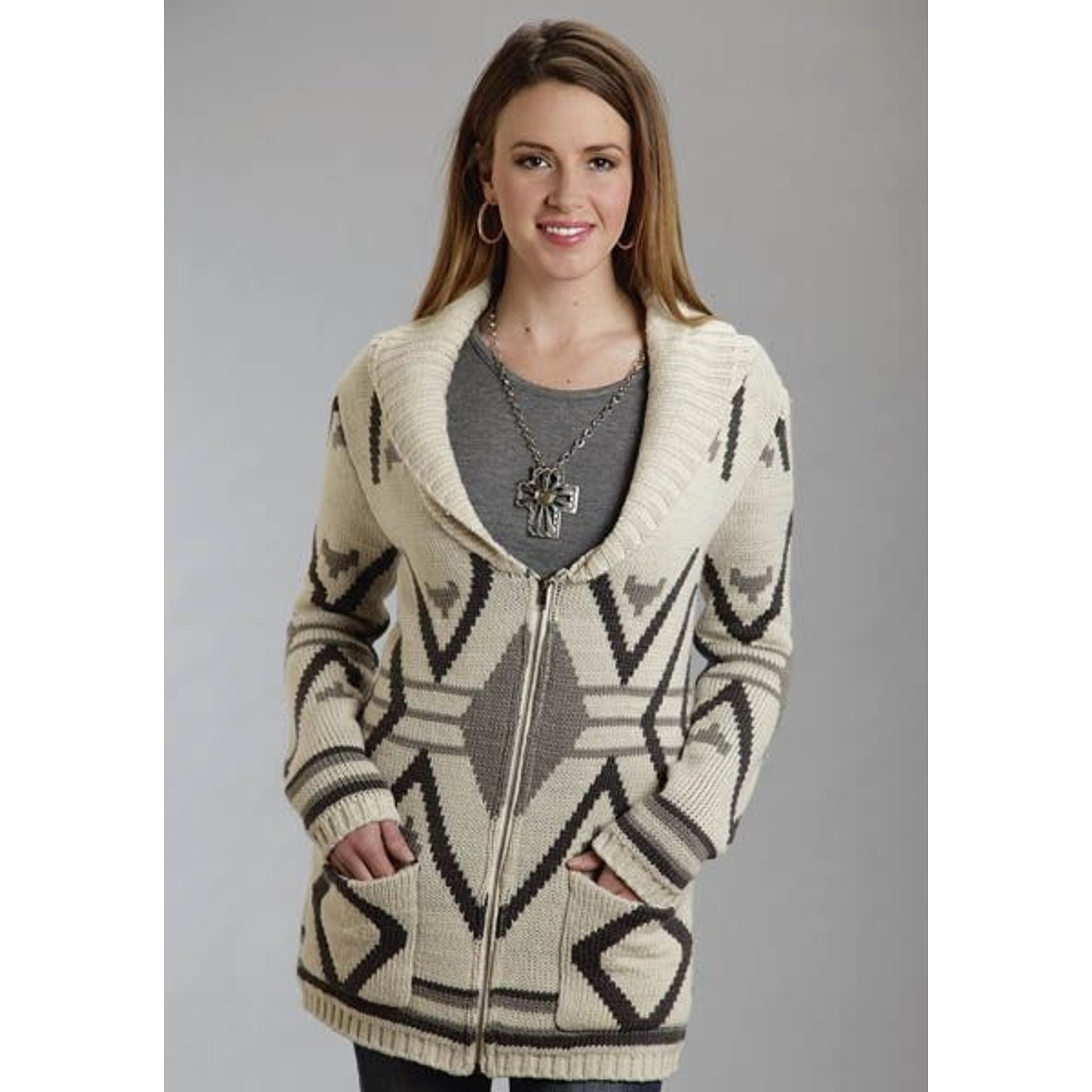 Stetson Ladies Aztec Intarsia Zipper Cardigan L Br