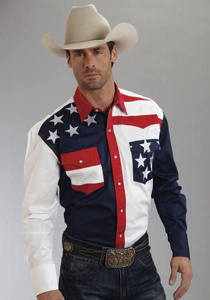 Roper Mens Americana Collection Flag SnapShirt Md