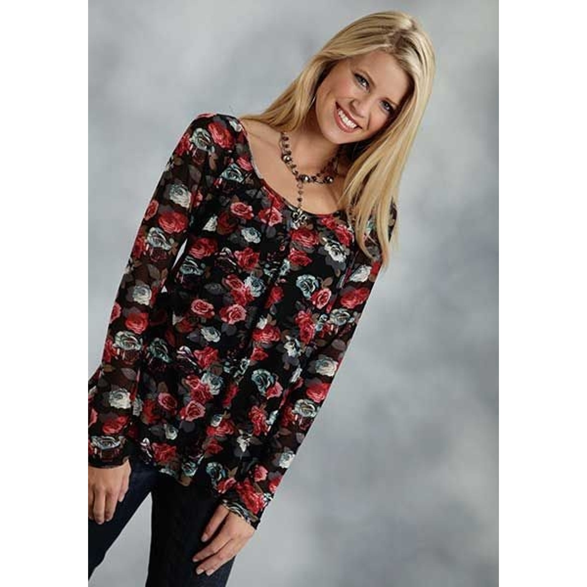 Roper Ladies Stretch Mesh Peasant Blouse Lg Blk