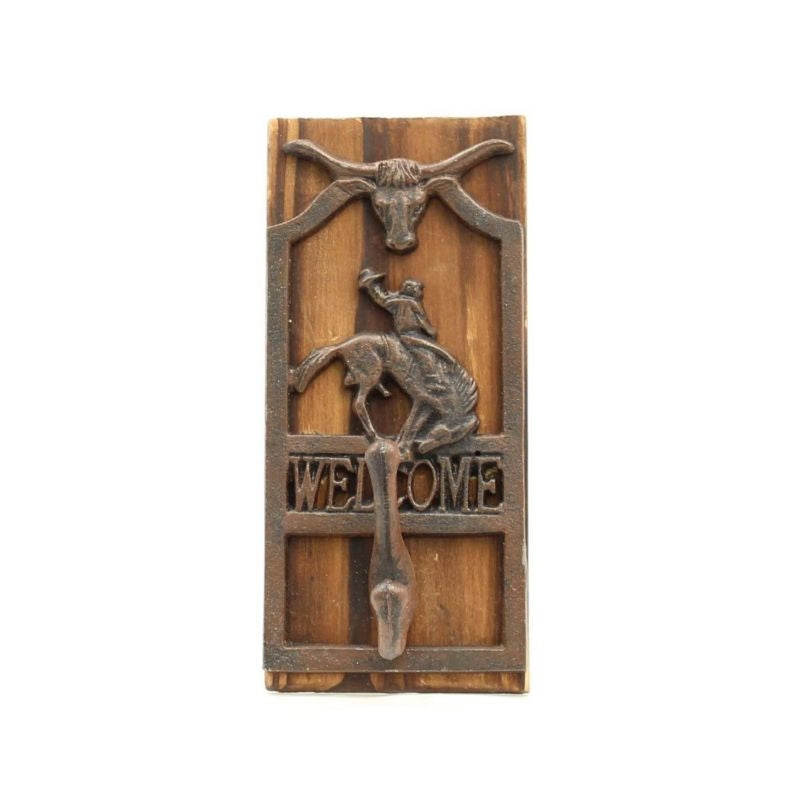 Long Horn Bucking Horse Rider Welcome Hook 3.5X7.5