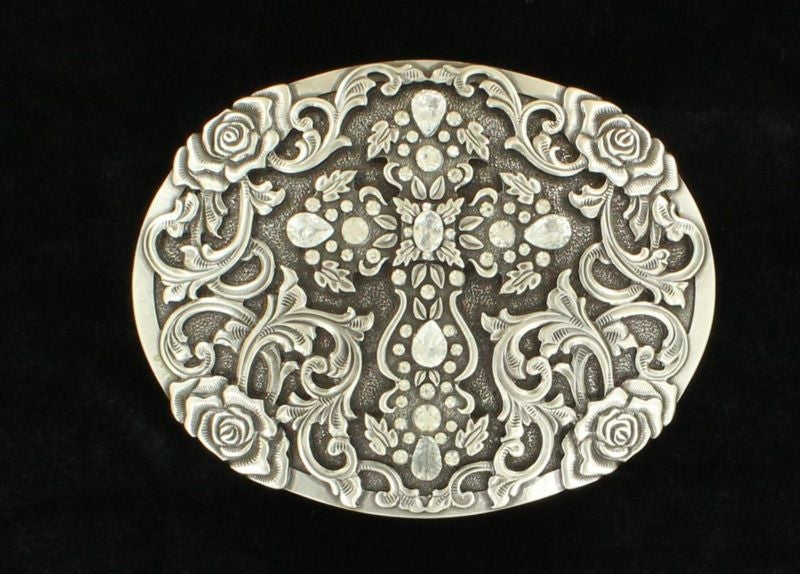 Blazin Roxx Oval Rhinestone Cross Floral Buckle