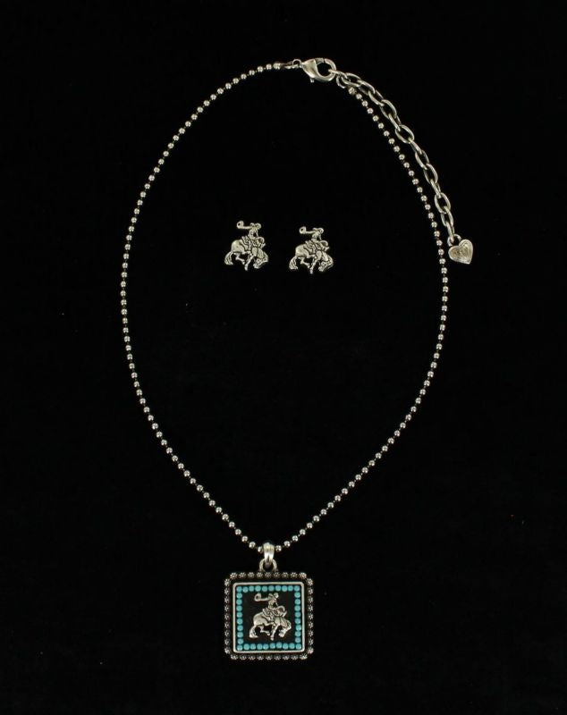 Vintage Saddle Bronc Necklace/Earrings SetBk/Wh