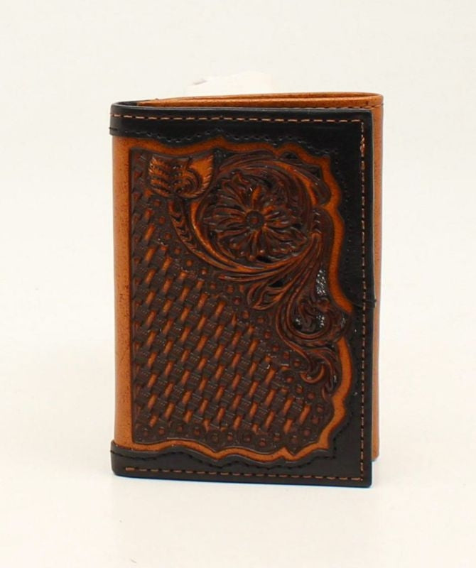 Trifold Basketweave Floral Embossed WalletBk/Tn