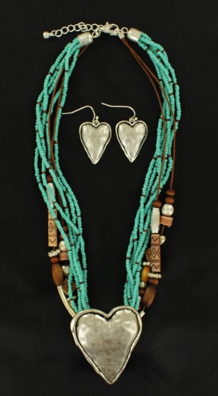 Multi-Strand Heart Necklace And Earring SetBk/Wh