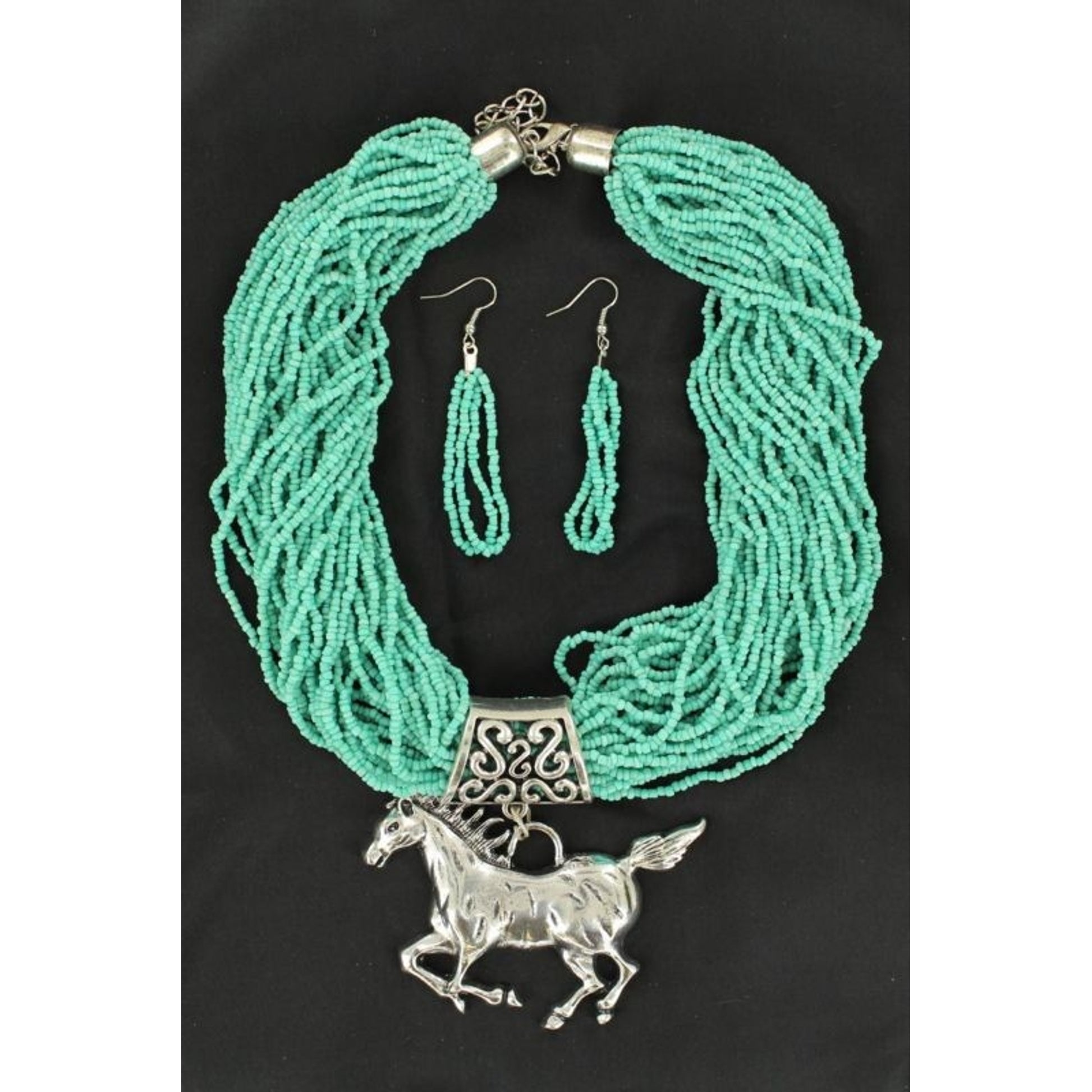 Horse Pendant Seed Bead Necklace/Earring Turquoise