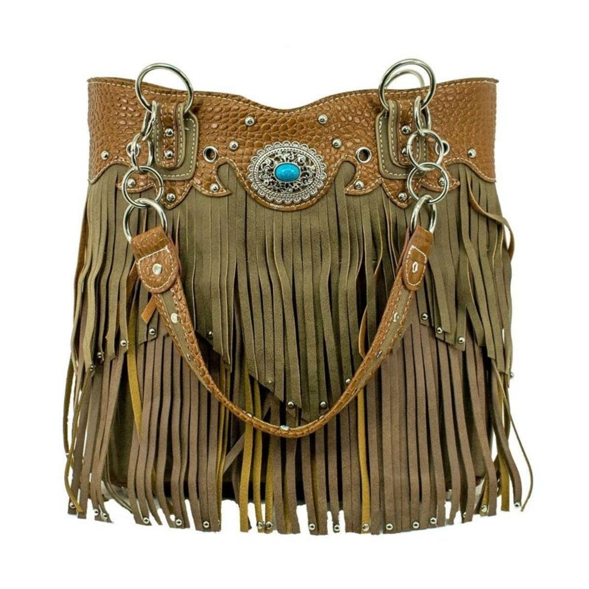 Bandana Handbag with Fringe 14.5" x 12" x 6" Tan