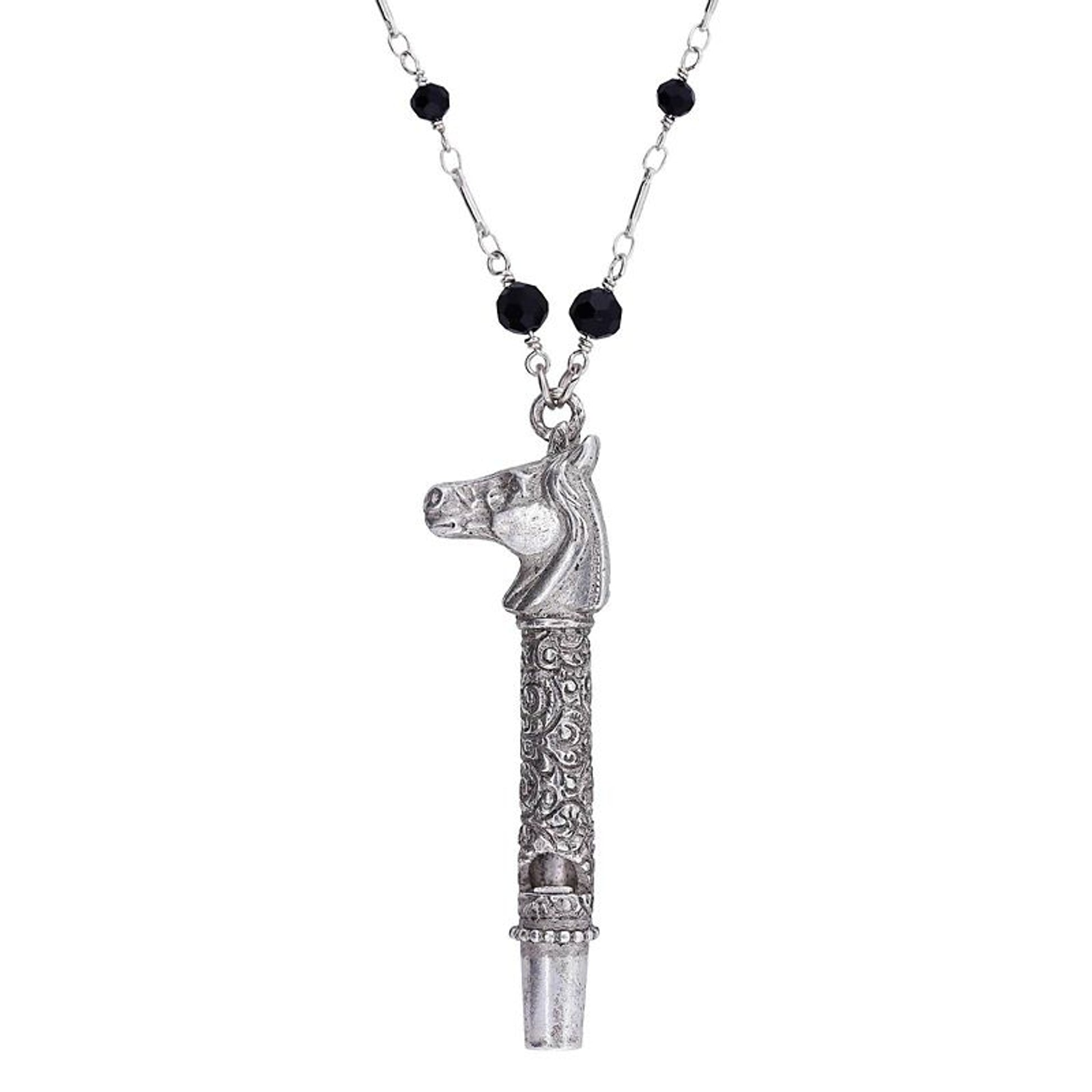 1928 Jewelry Horse Head Whistle Black Beaded Neckl