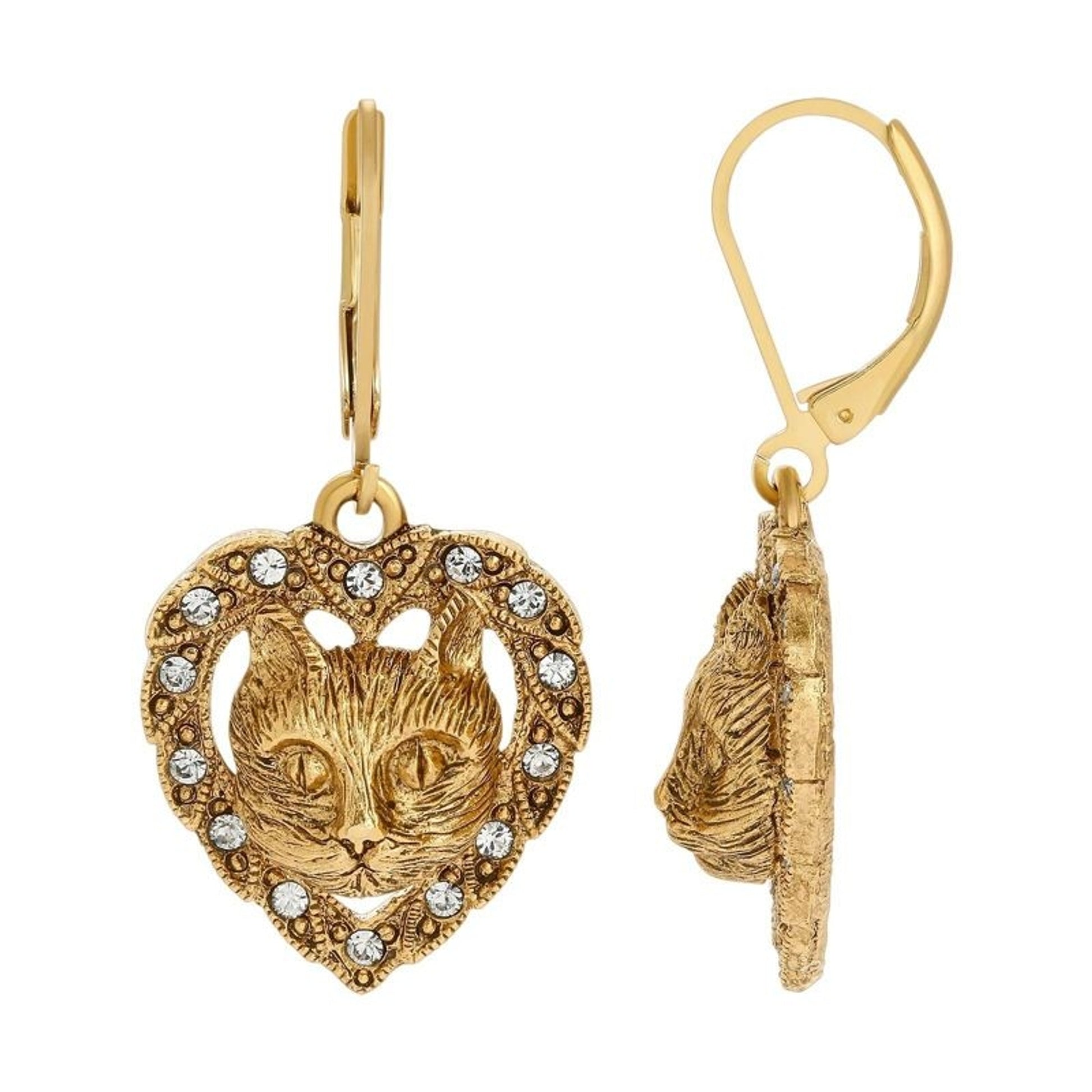 1928 Jewelry Heart And Cat Crystal Accent Lever Ba
