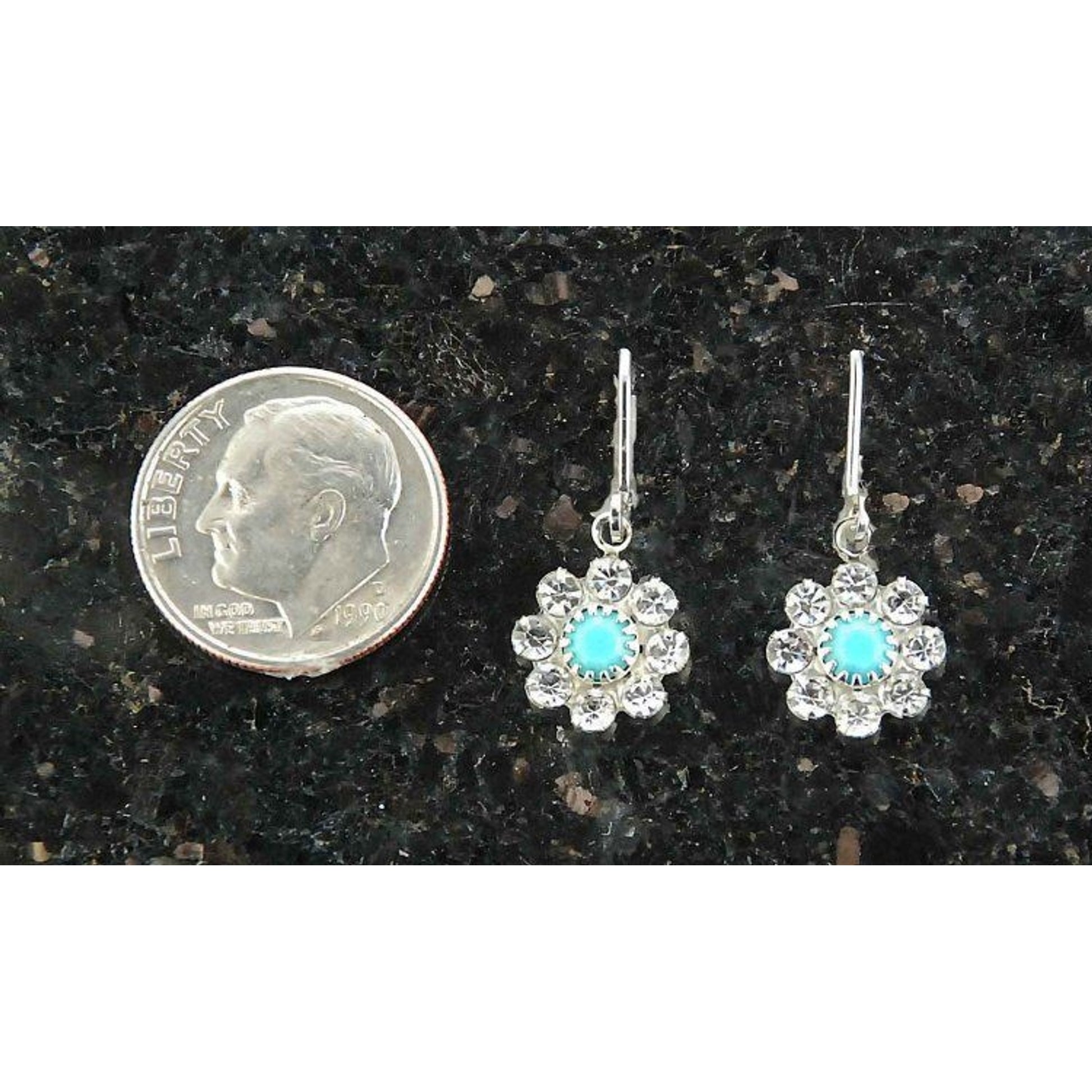 Flower Shaped Crystal And Turquoise Earring Silver