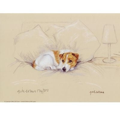 Terrier on Bed By Gill Evans Matted 12.75x10.75