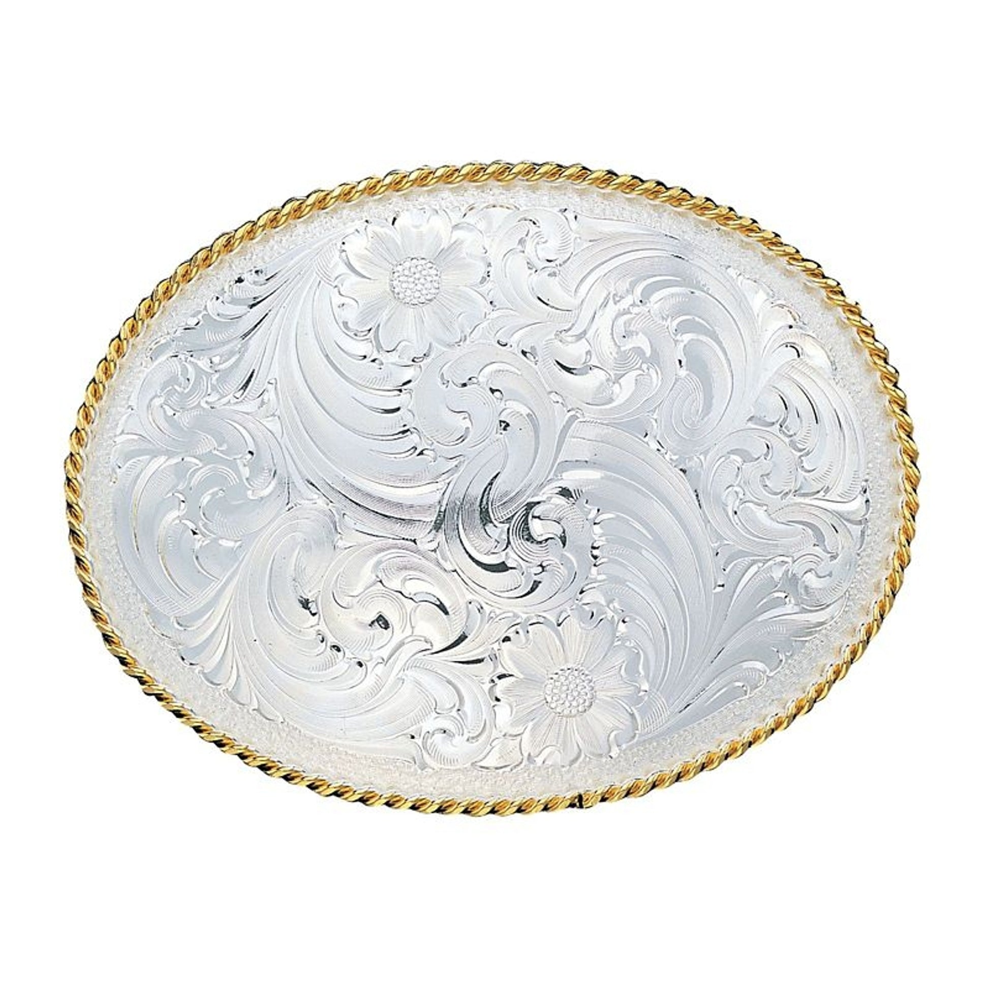 Silver Engraved Western Belt Buckle/Gold Trim Br