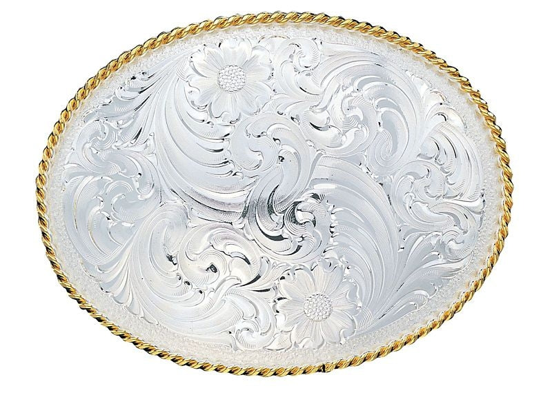 Silver Engraved Western Belt Buckle/Gold Trim Br